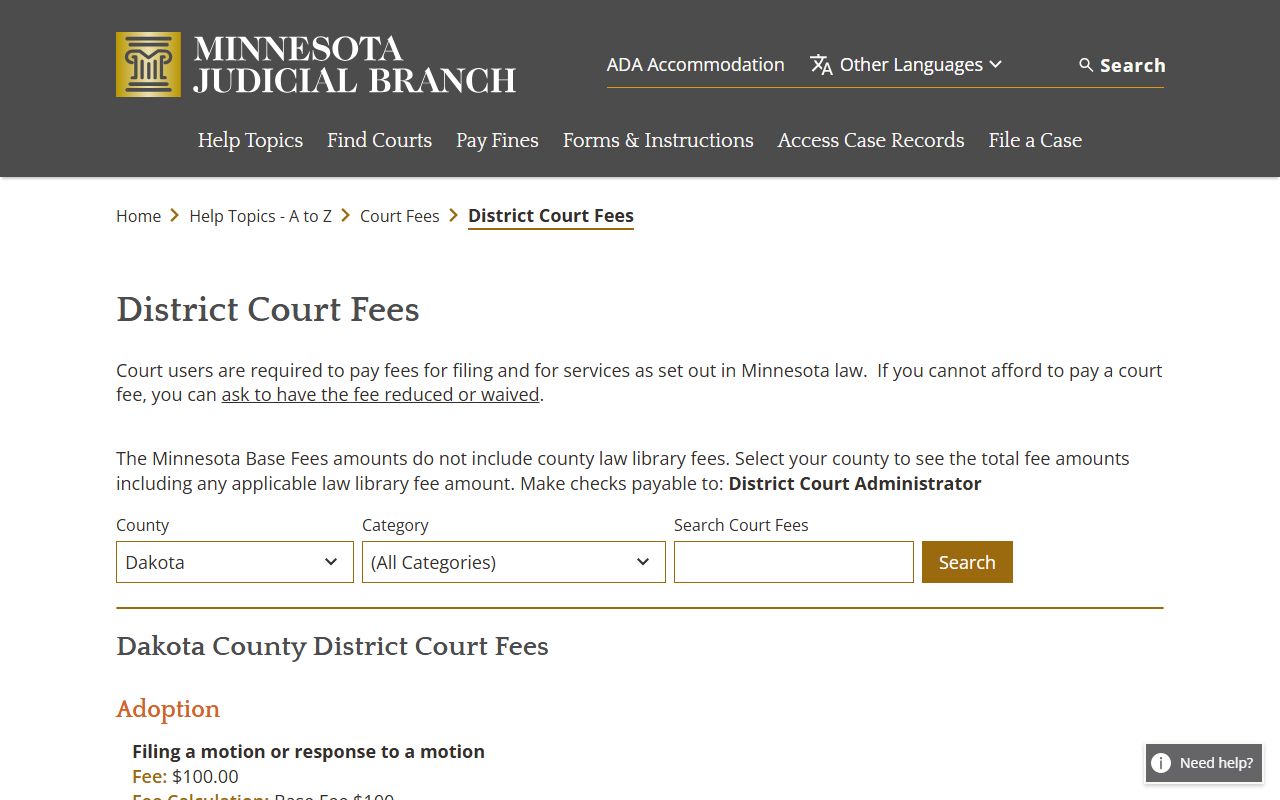 Dakota County court dockets District Court fee schedule