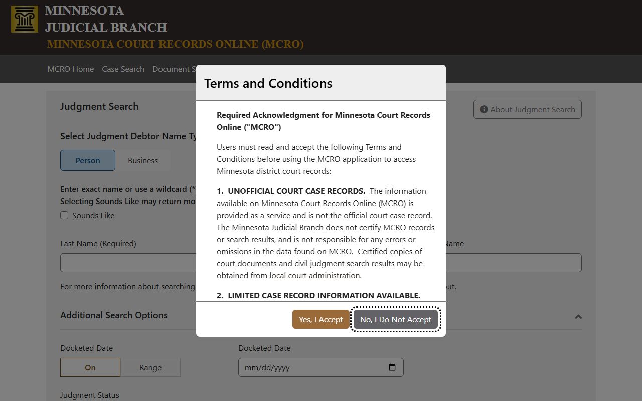 Dakota County court records MCRO Judgment Search portal