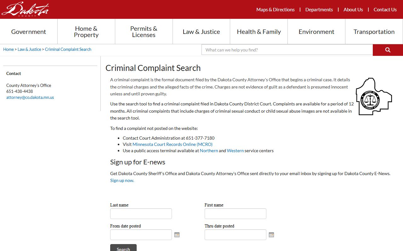 Dakota County criminal court records criminal complaint search