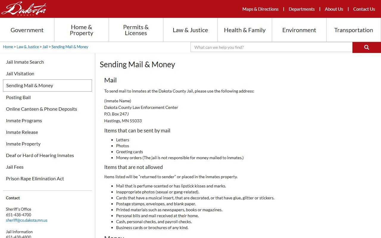 Dakota County inmate search jail mail and money rules