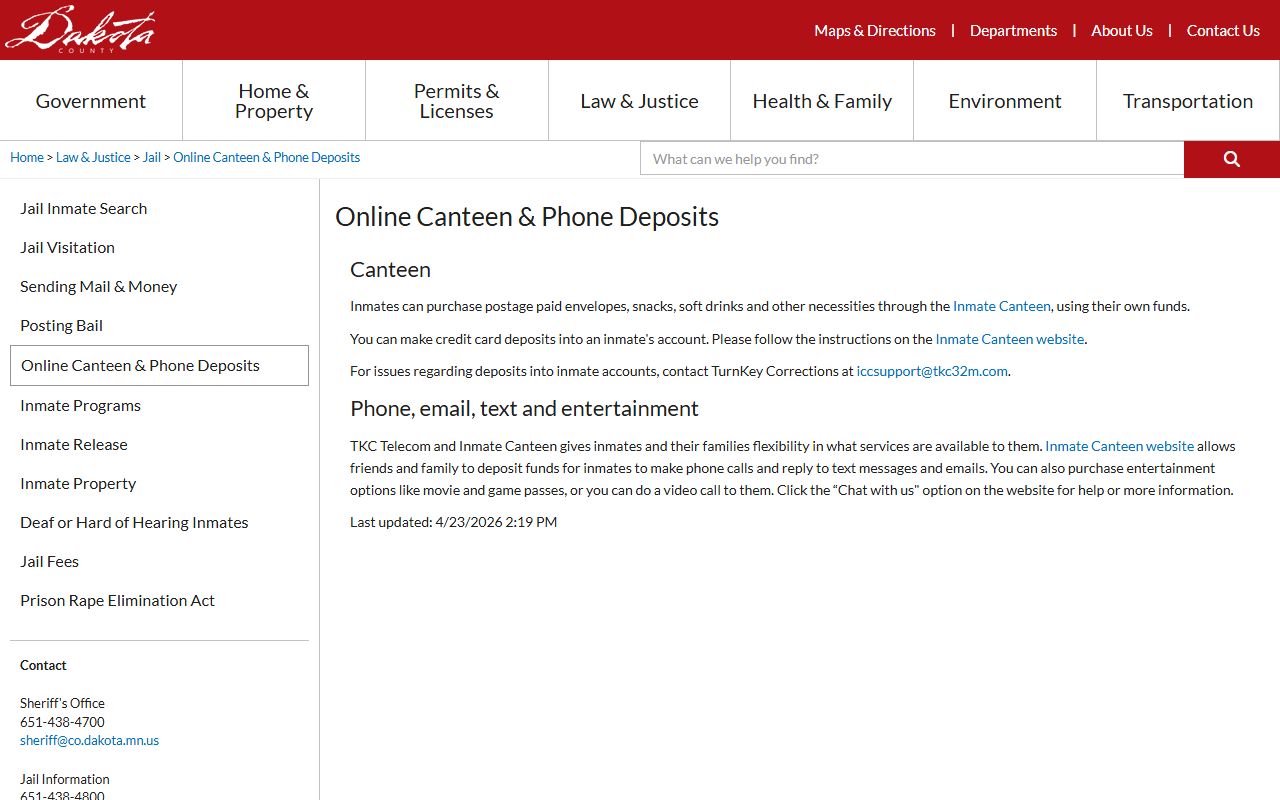 Dakota County inmate search online canteen and phone deposit page
