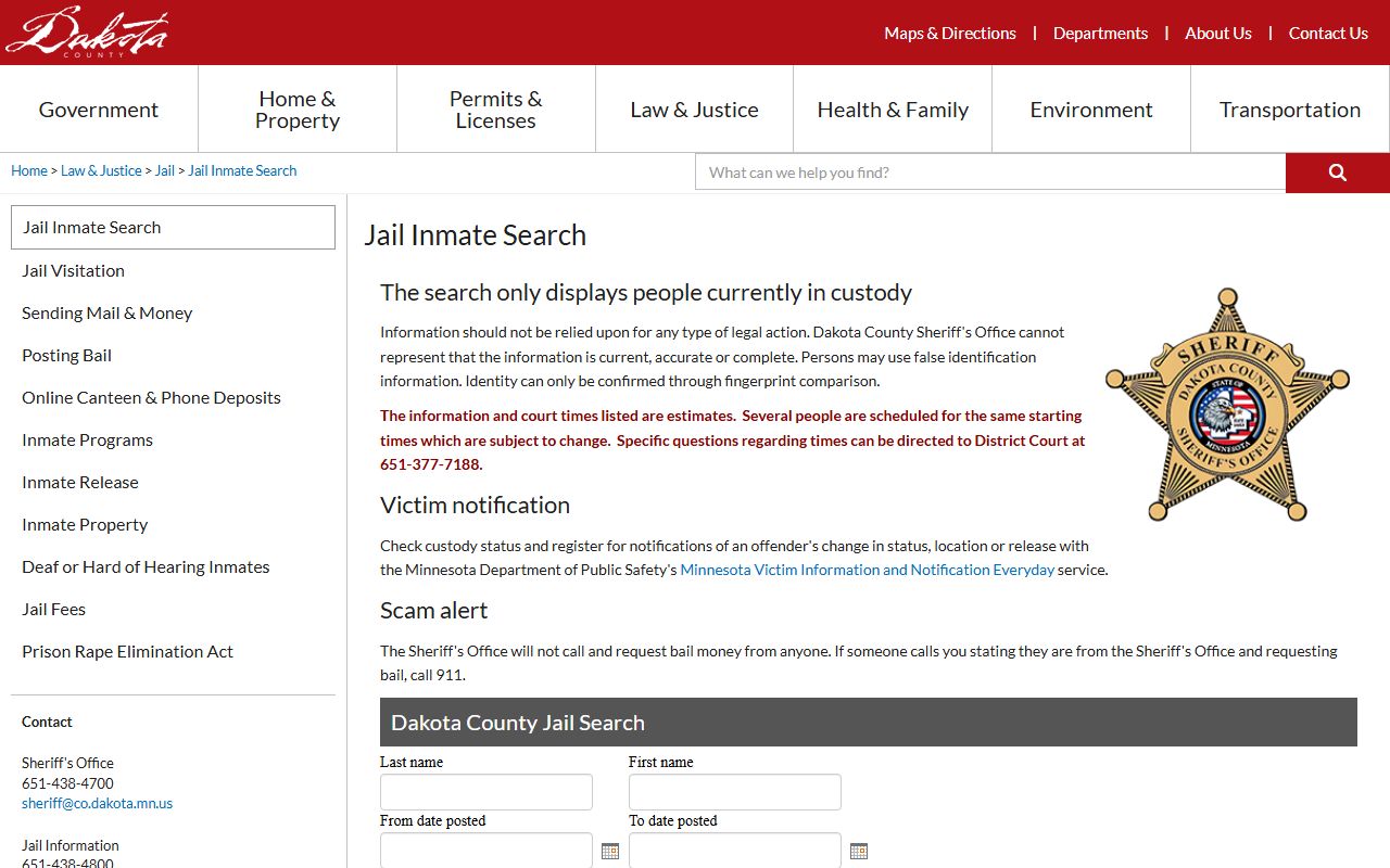 Dakota County inmate search current custody jail roster page