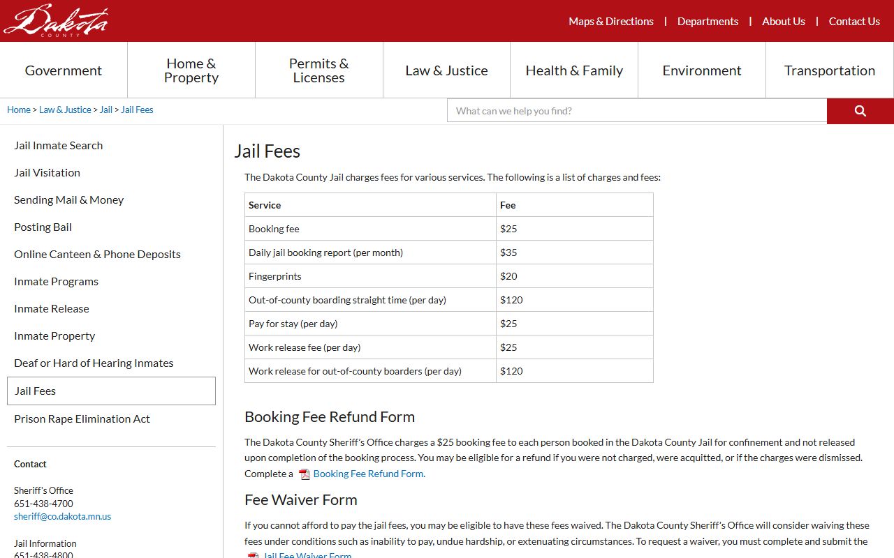 Dakota County inmate search jail fee schedule page