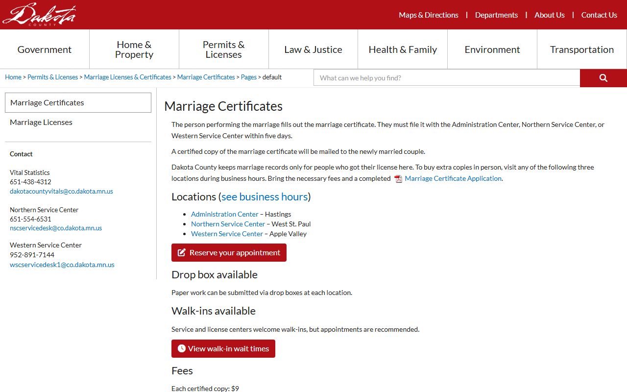 Dakota County marriage records certificate copy and amendment information