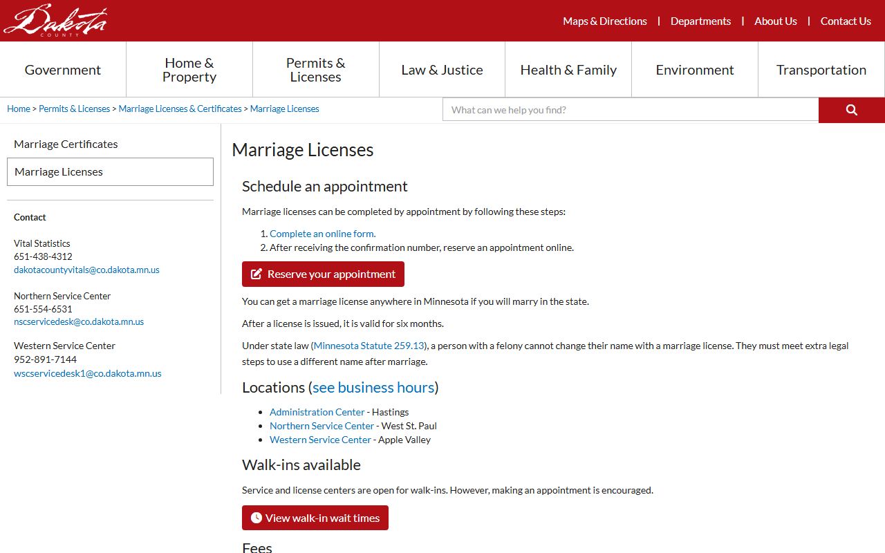 Dakota County marriage records license page for Minnesota applicants