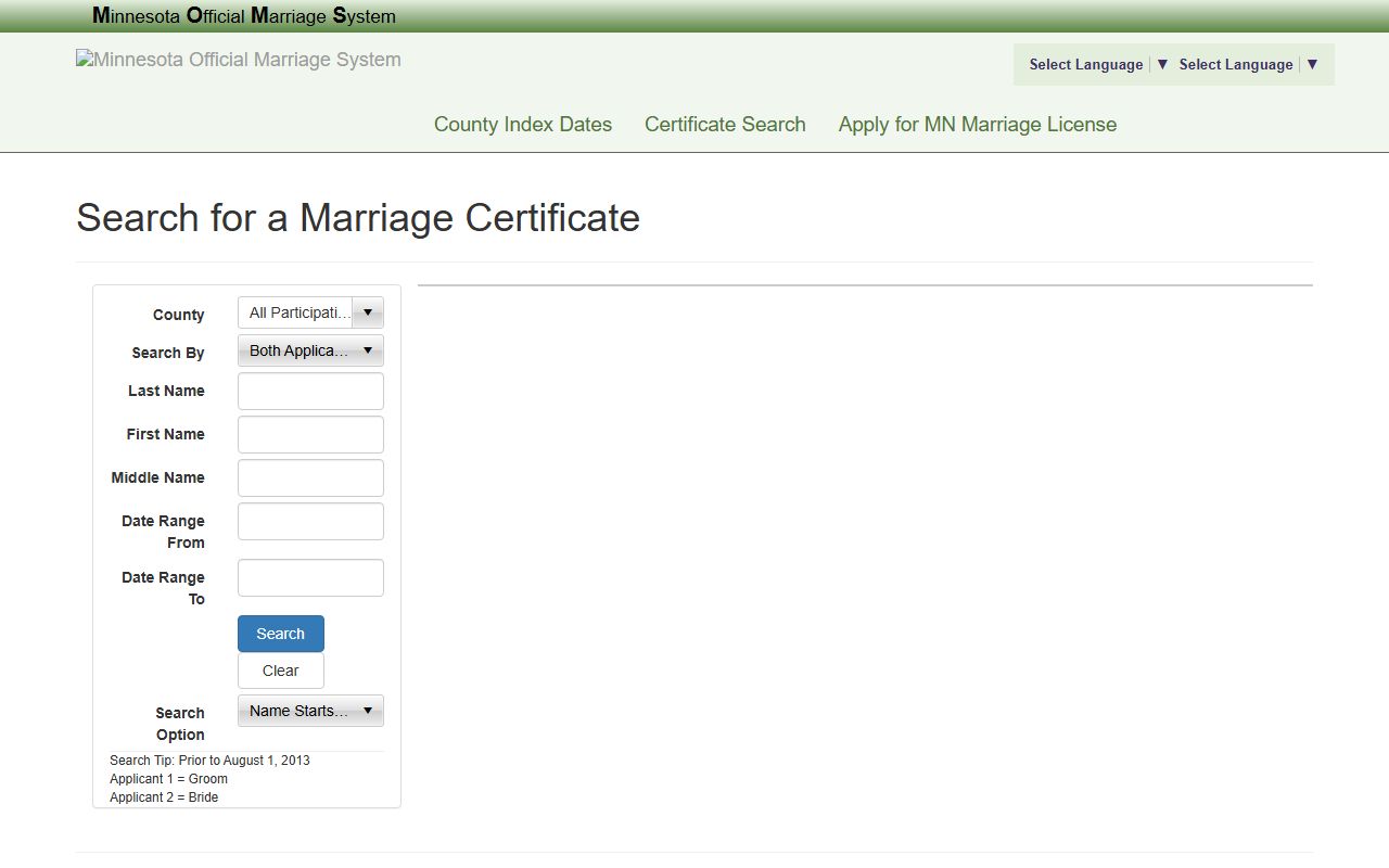 Dakota County marriage records search fields in Minnesota Official Marriage System