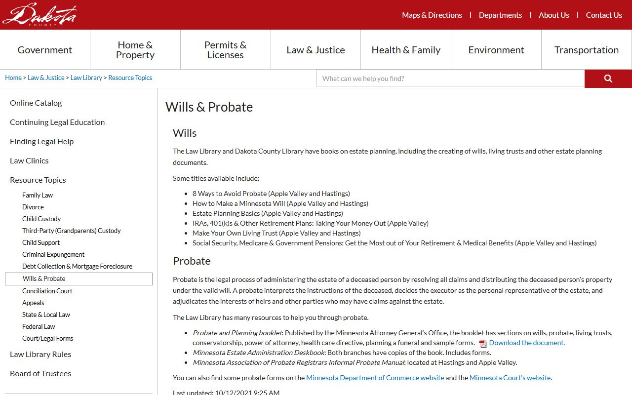 Dakota County probate records Law Library wills and probate resource