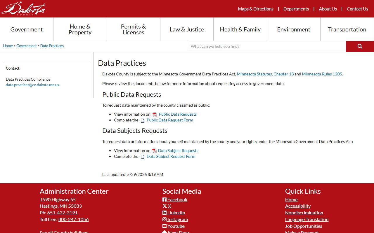 Dakota County warrant search data practices public data request page