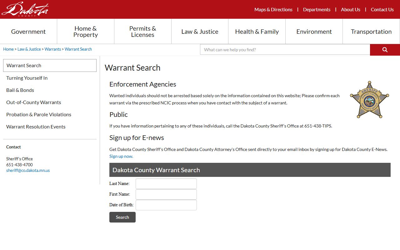 Dakota County warrant search active warrant lookup interface